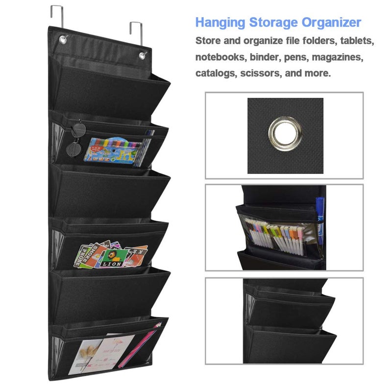 Eamay Hanging File Organizer Wall Mount Storage Pocket Chart, Over The Door Office Supplies Pocket Chart for Classroom, School, Home Use - 2 Over Door Hanger Included (Black) - Image 5